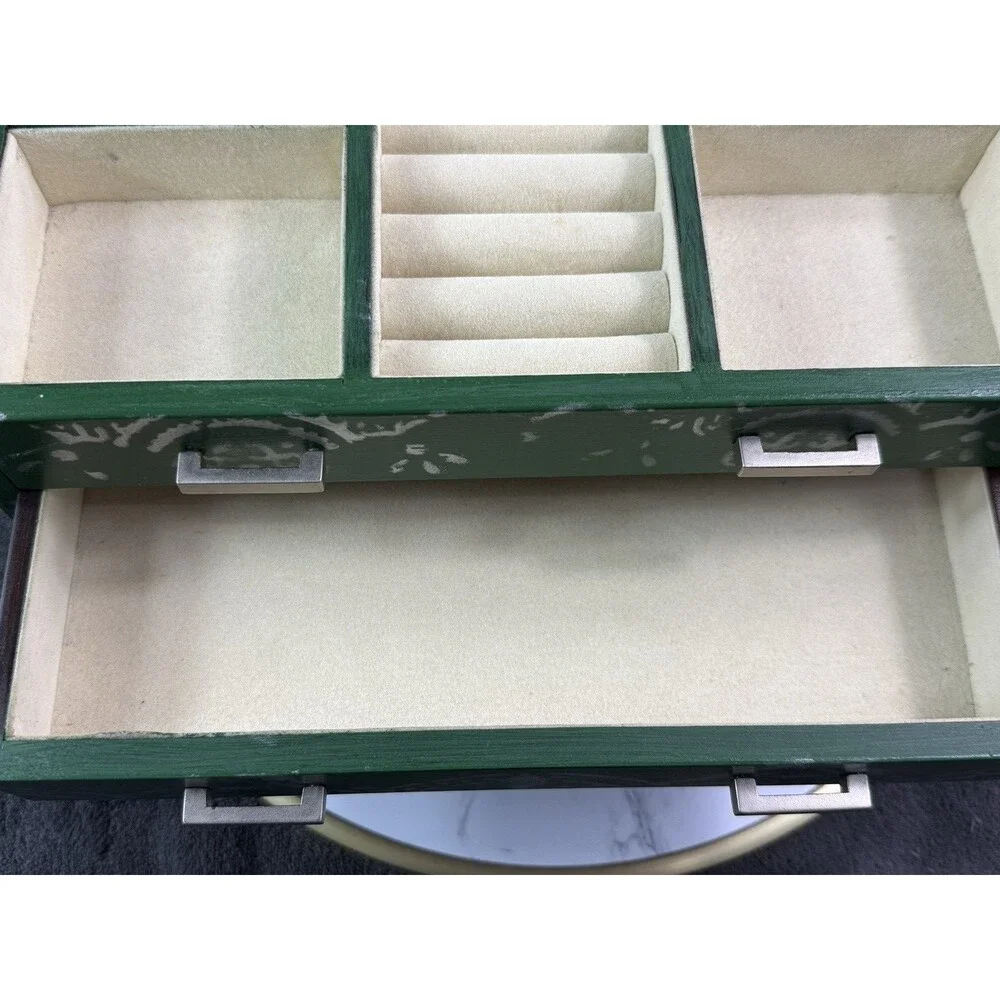 Green Hand Painted Wood Jewelry Box Silver Stencil Mirror Geometric Handmade
